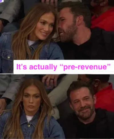 Jennifer Lopez and Ben Affleck sitting together in a crowd; above them is pink text 'It’s actually "pre-revenue"' with Jennifer looking attentive and Ben turned toward her, while below they sit apart with more serious expressions.