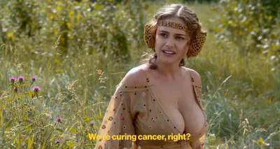 Woman in a fantasy-style outdoor scene looking confused, with the subtitle: “We’re curing cancer, right?”