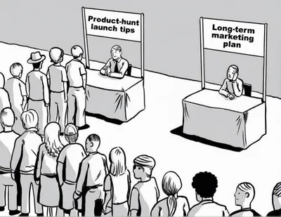 Black-and-white startup marketing meme showing two booths at an event. A large crowd lines up for “Product Hunt launch tips,” while the “Long-term marketing plan” booth sits almost empty.