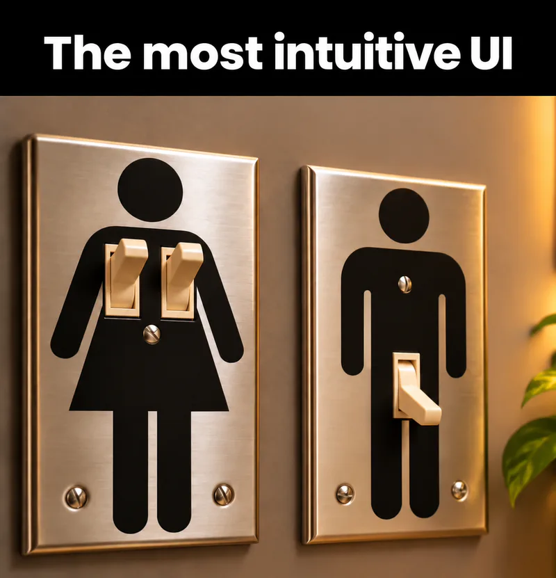 Two restroom-style pictograms turned into physical interfaces: the female figure has two switches on the chest, while the male figure has one switch at the groin.